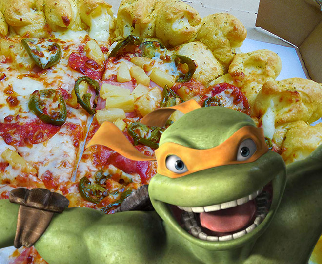 Ninja turtles pizza from the hut. I knew it was going to be green but I  didn't expect it to look like fluro paint splattered across it :  r/shittyfoodporn